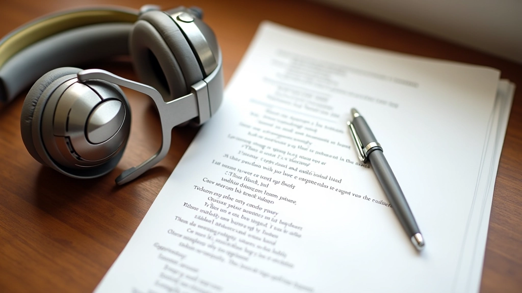 Fones de ouvido ao lado de letra de música impressa com palavras realçadas