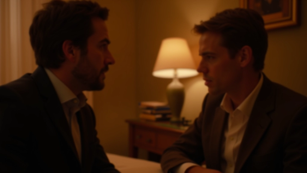 Cena de filme icónica com atores em conversa importante, luz cinematográfica
