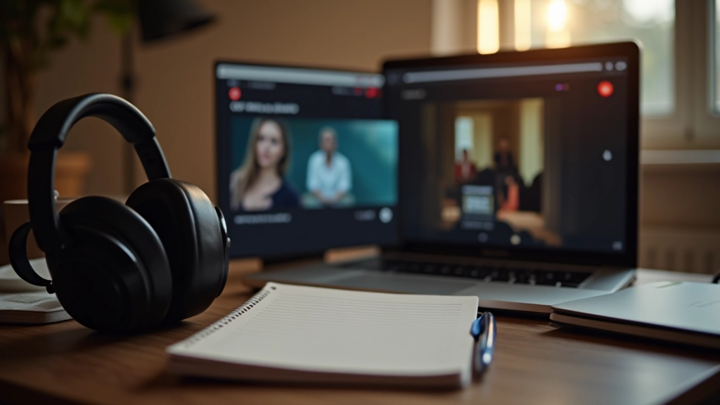 Ambiente de aprendizagem com filme, fones de ouvido e notas