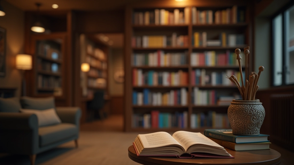Pessoa numa biblioteca moderna com livros sobre cinema e idiomas