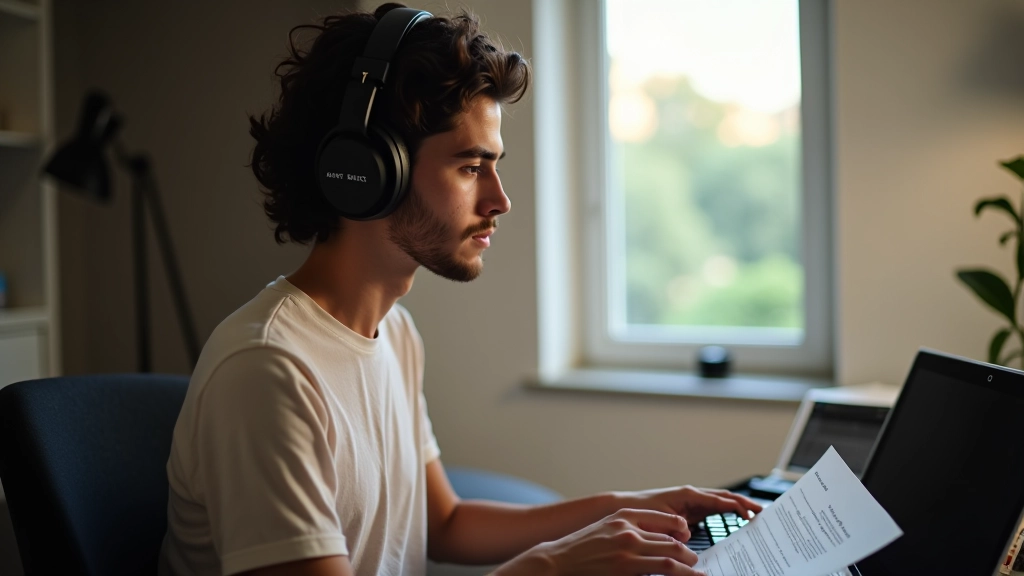 Pessoa com fones de ouvido, ouvindo música e olhando para letra de música impressa