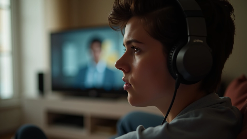 Pessoa com fones de ouvido, concentrada, assistindo a série com legendas