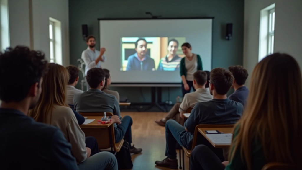 Grupo de aprendentes portugueses em sessão de aprendizado colaborativo com filmes e legendas